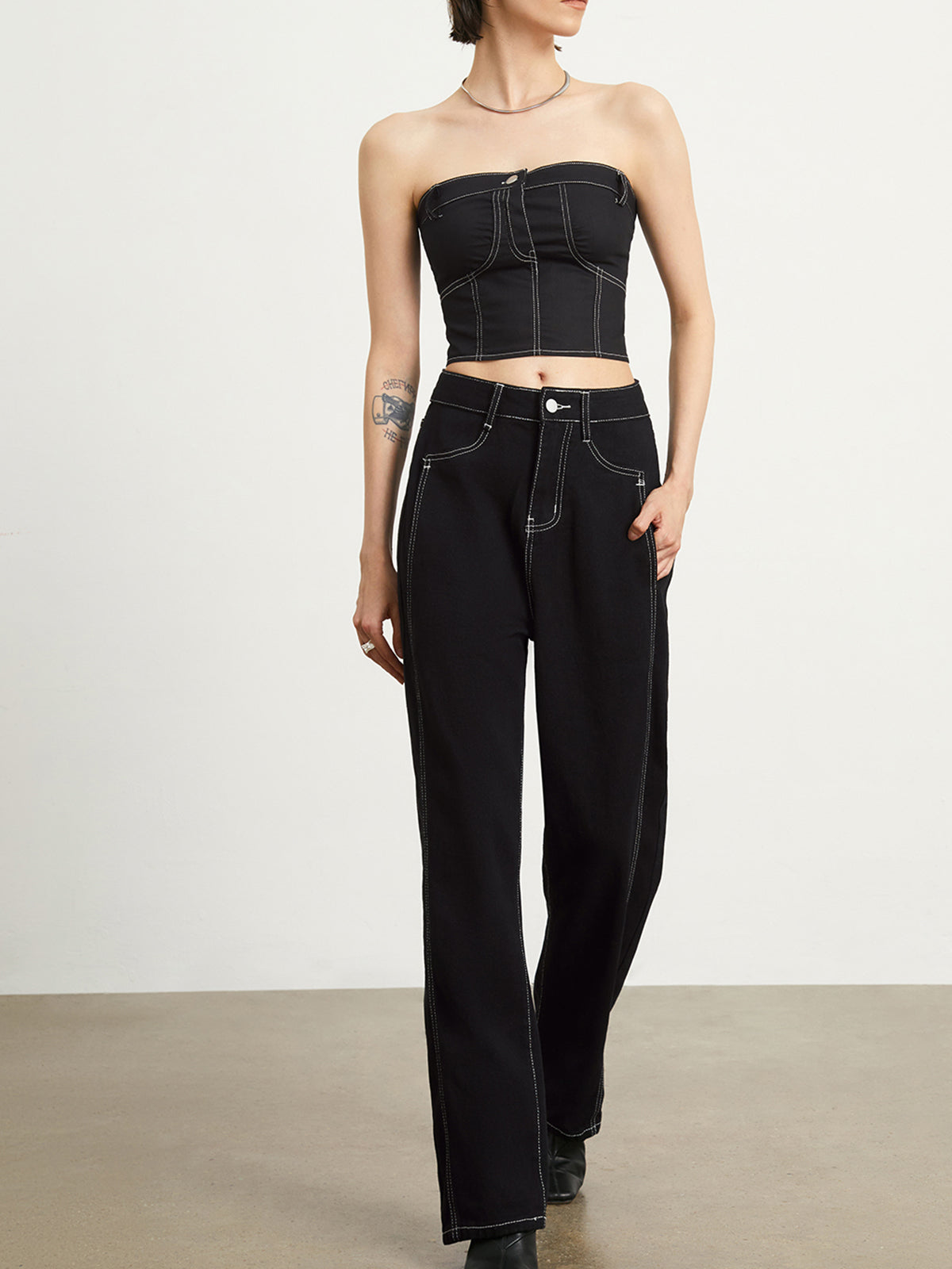 Minimalist Black Denim Tube Crop Top