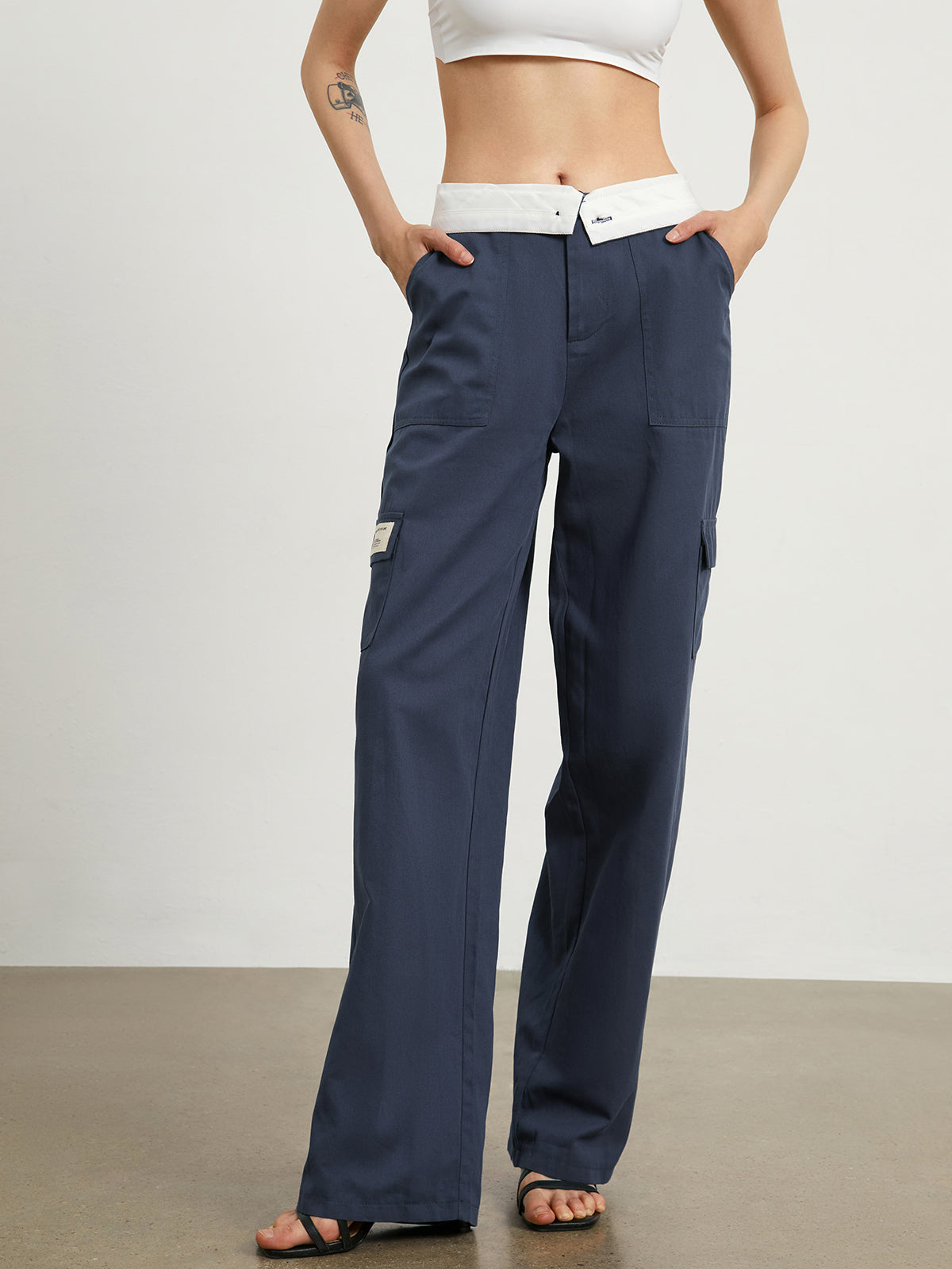 Fold Over Cotton Straight Leg Pants