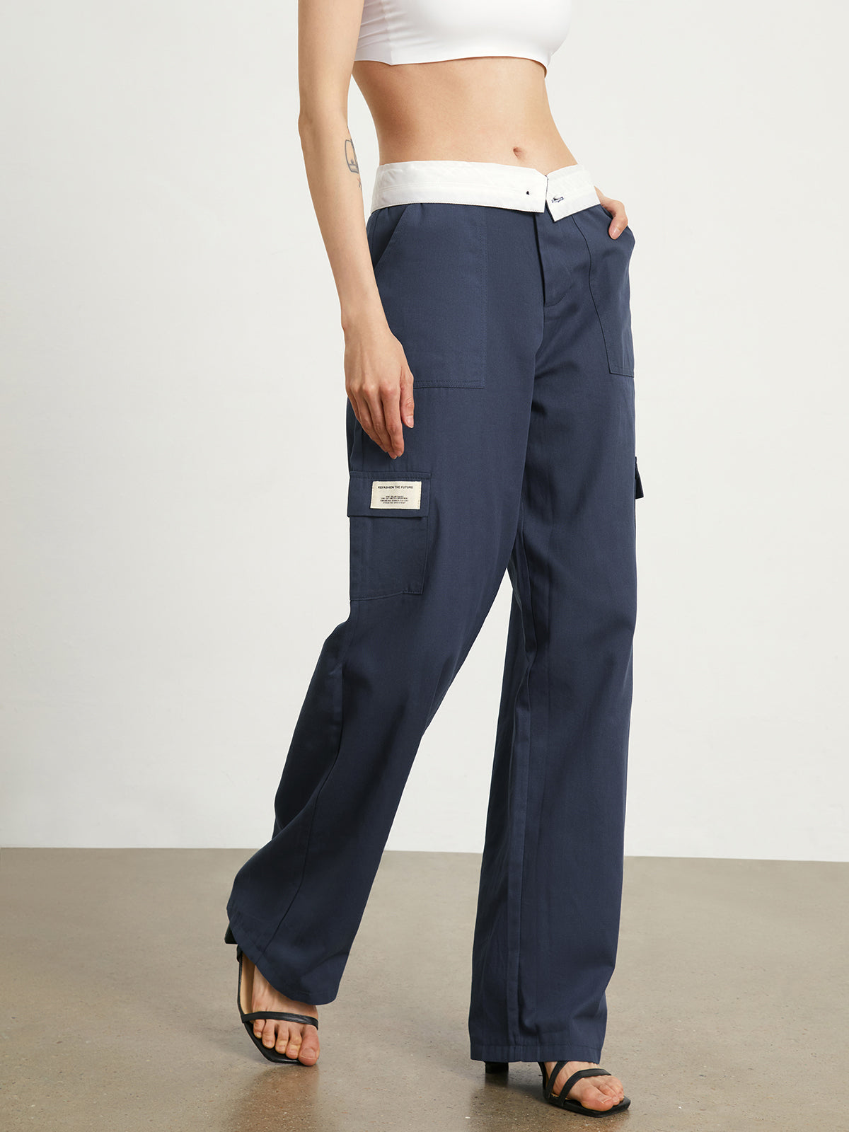 Fold Over Cotton Straight Leg Pants