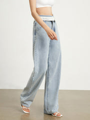 Fold Over Light Blue Straight Leg Jeans