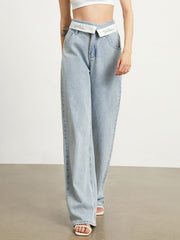 Fold Over Light Blue Straight Leg Jeans