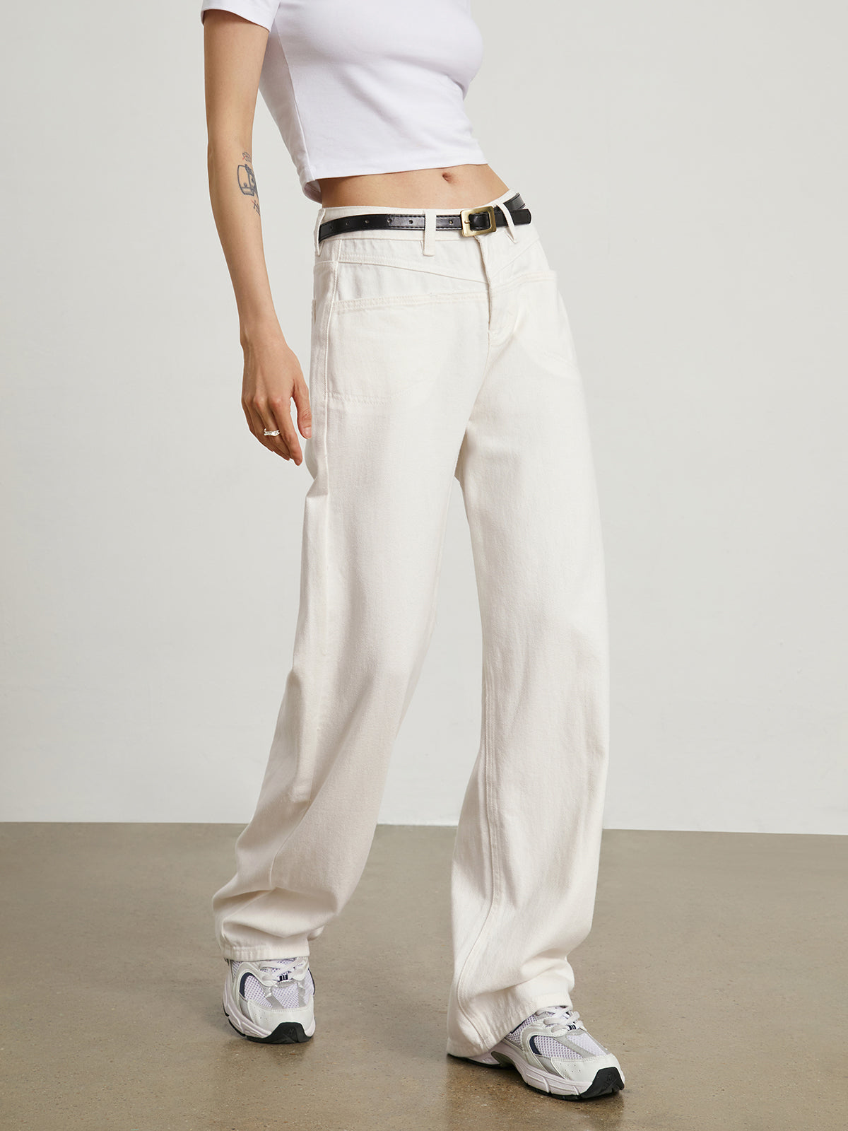 White Denim Cotton Wide Leg Jeans