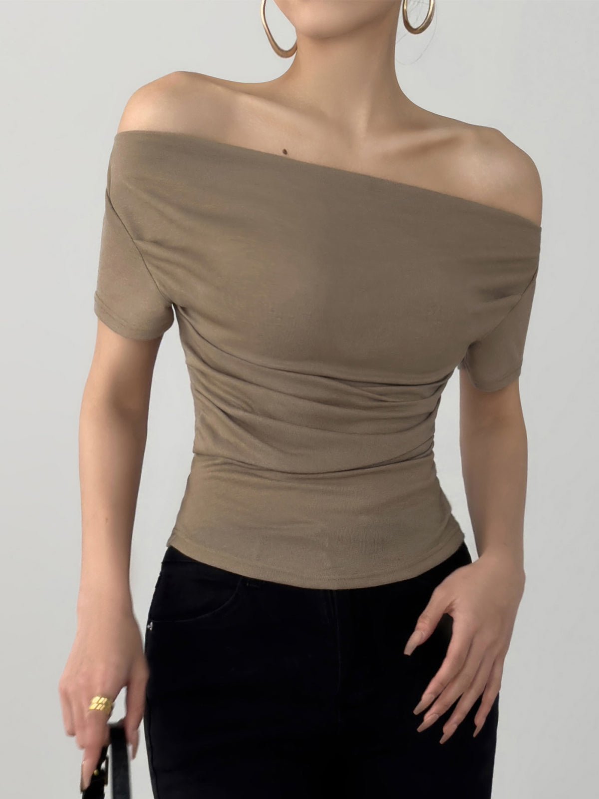 Off Shoulder Ruched Short Sleeve Shirt