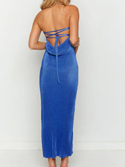 Tied Open Back Plisse Tube Long Dress