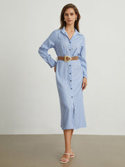 Cotton Pinstripe Button Down Midi Dress