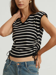 Cap Sleeve Stripe Drawstring Top