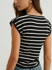 Cap Sleeve Stripe Drawstring Top