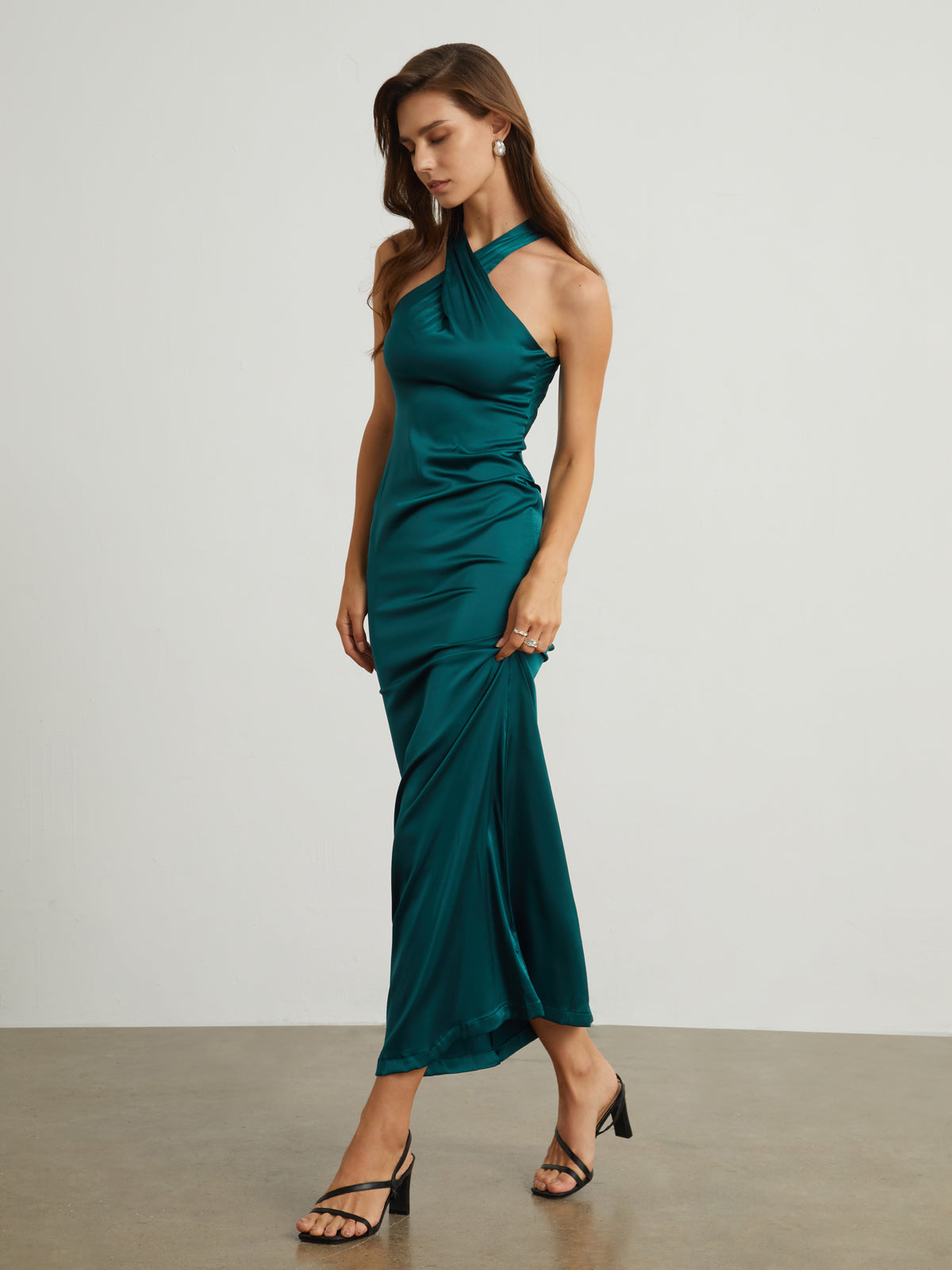 Criss Cross Back Clip Satin Long Dress