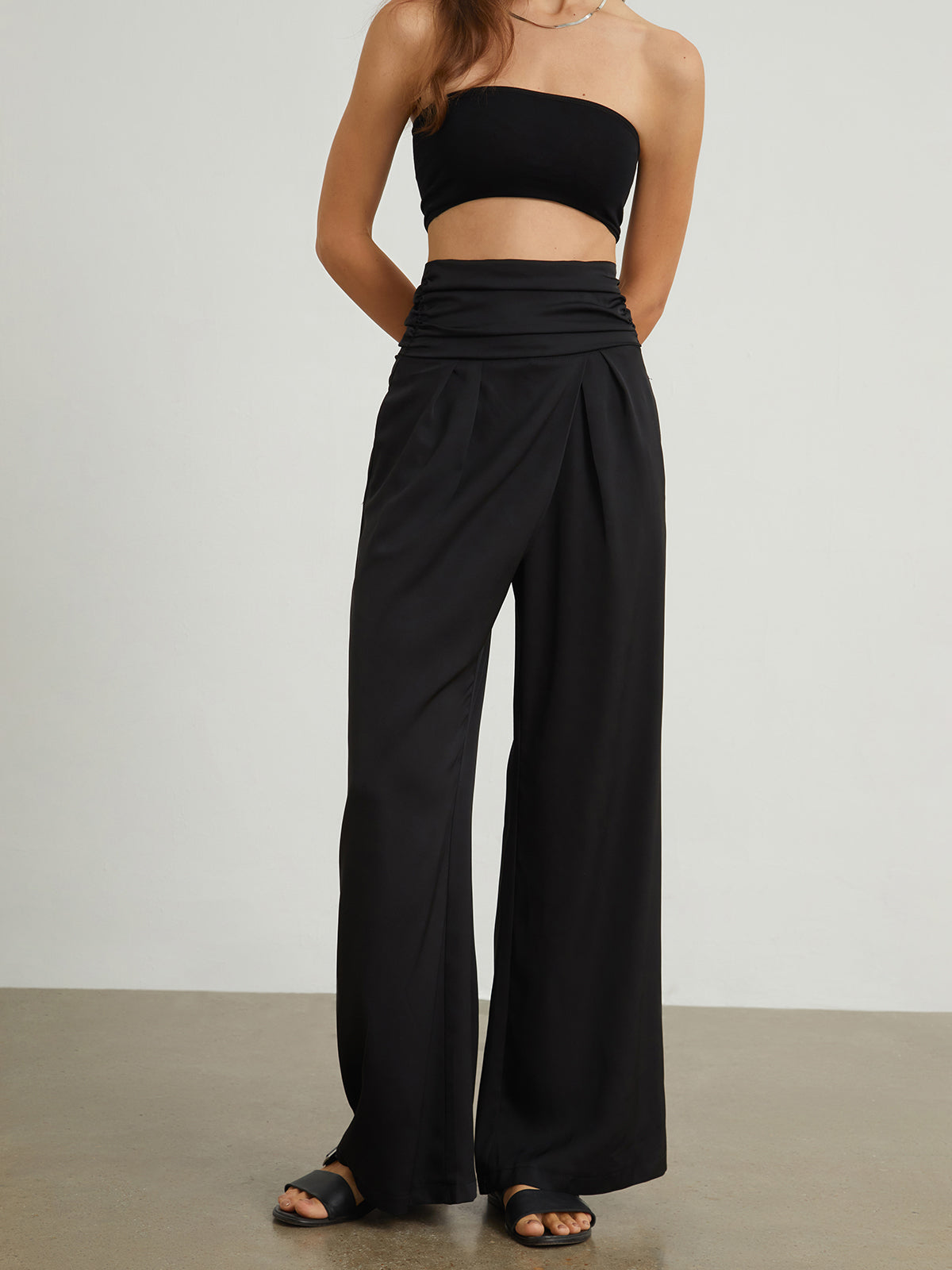 Ruched Waistband Wide Leg Pants