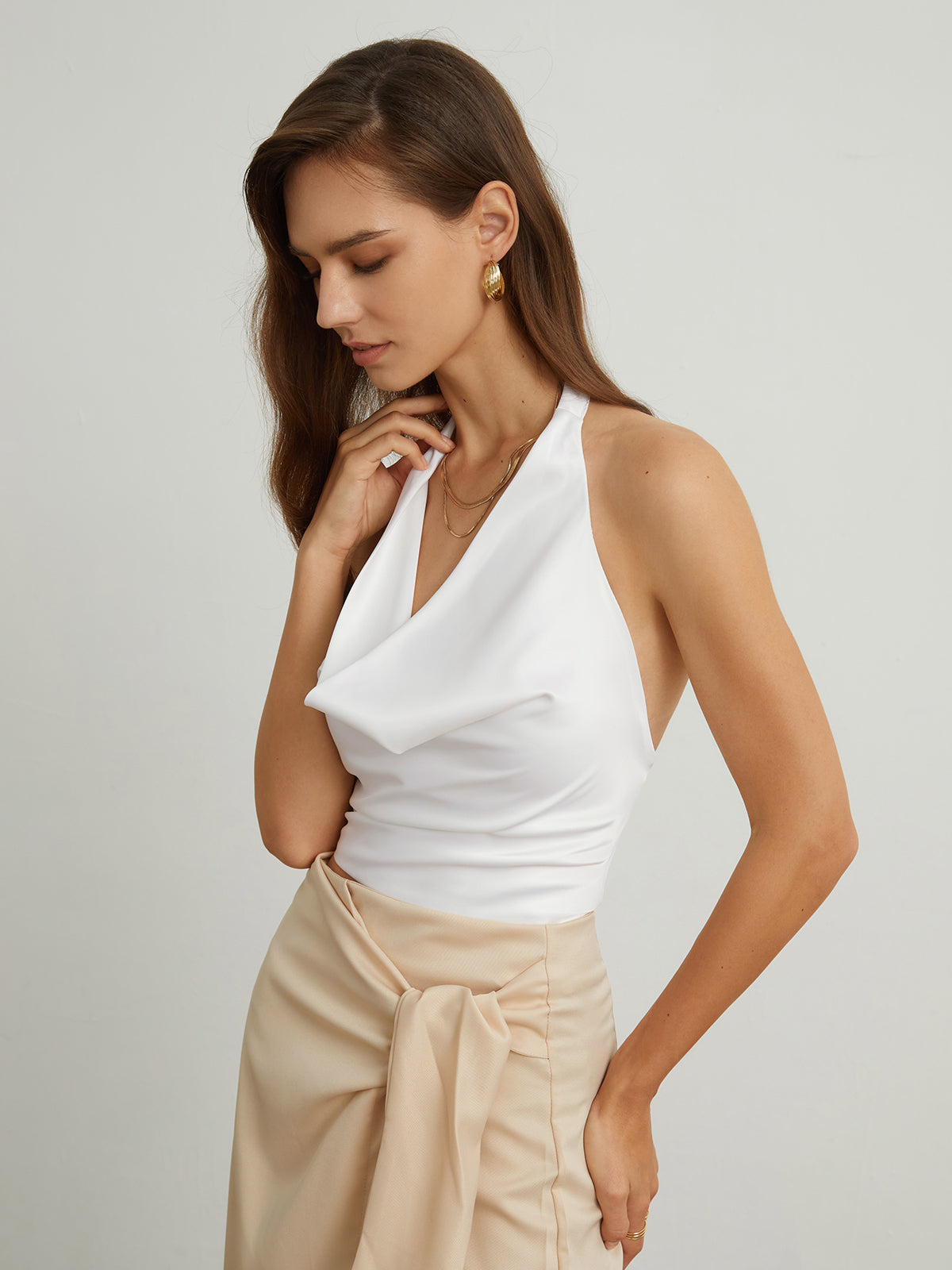 Cowl Neck Back Tied Satin Crop Top