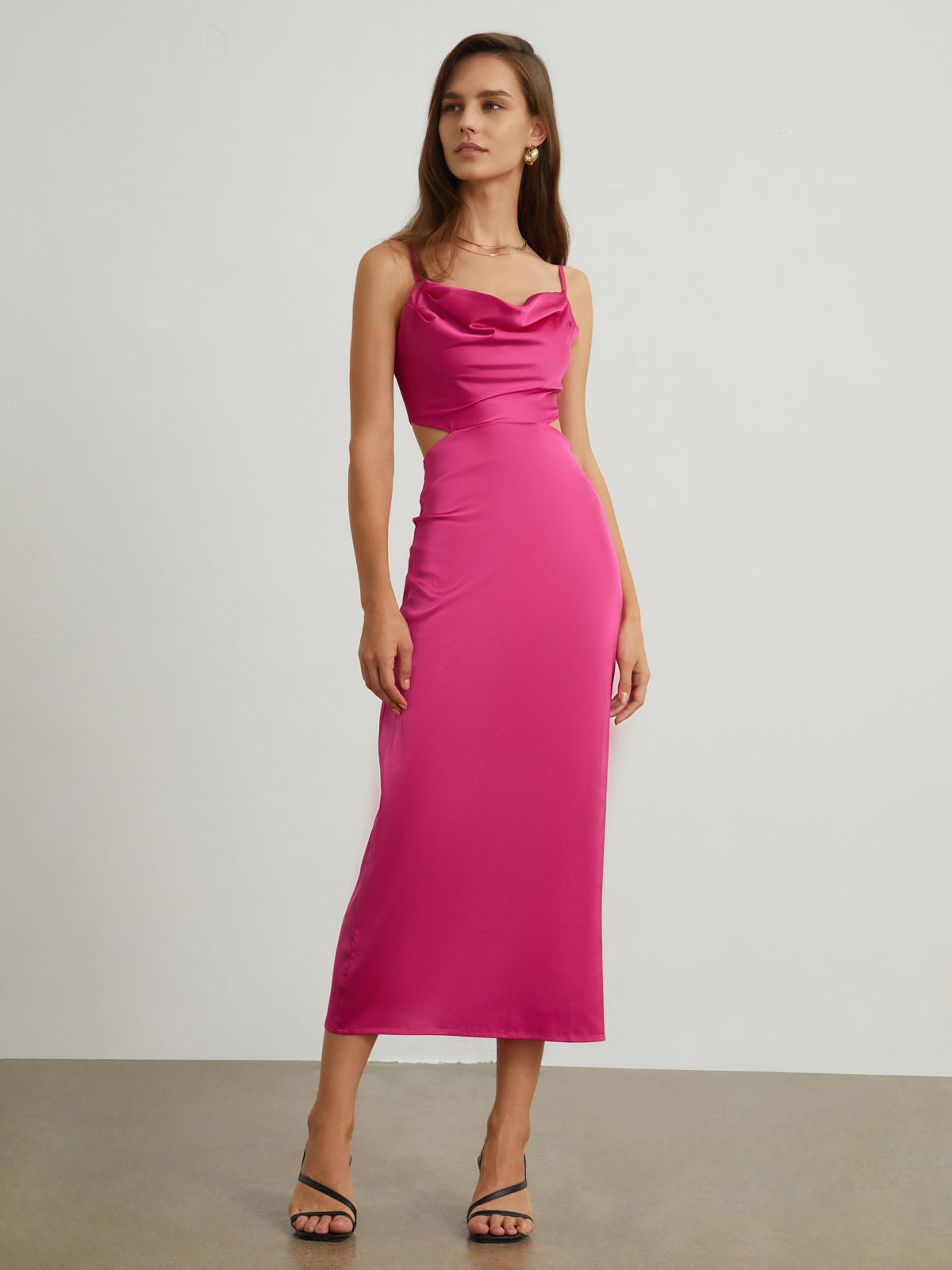 Tied Waist Cutout Satin Midi Dress