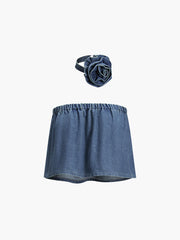 Rosette Denim Crop Tube Top