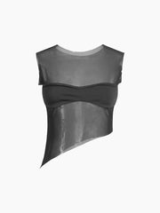 Combination Mesh Oblique Hem Crop Top