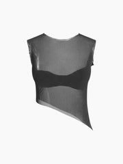 Combination Mesh Oblique Hem Crop Top