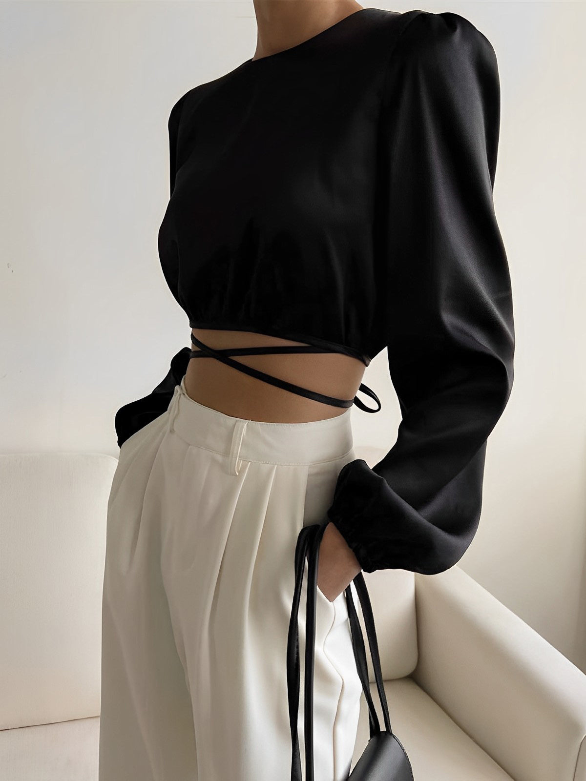 Satin Tied Crop Blouse