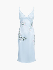 Satin Embroidered Floral Lace Midi Dress