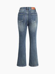 Buttoned Faded Denim Flare Jeans