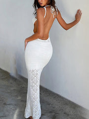 Eyelet Crochet Open Back Long Dress