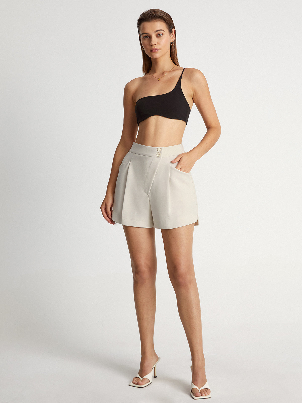 High Waisted Asymmetrical Pleat Front Trouser Shorts