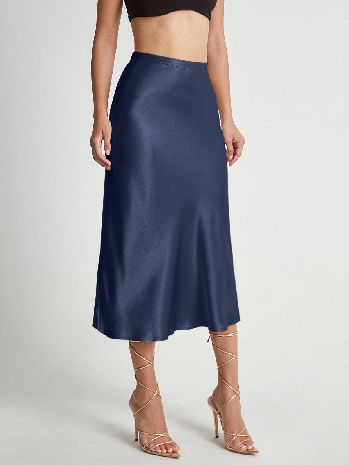 High Waisted Satin Flowy Midi Skirt