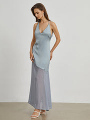 Open Back Satin Mesh Long Dress