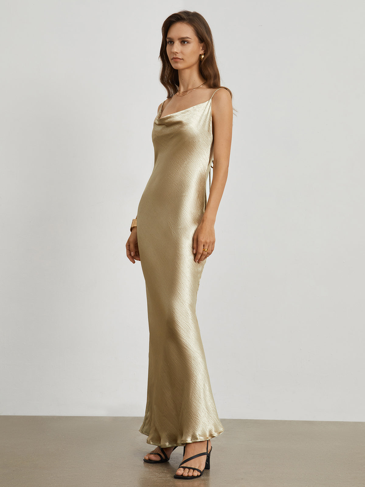 Champagne Cowl Neck Open Back Long Dress