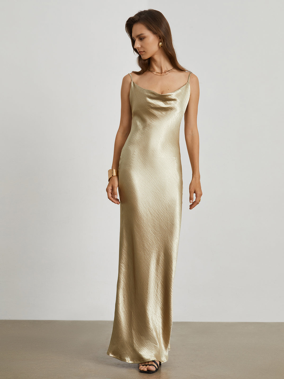 Champagne Cowl Neck Open Back Long Dress