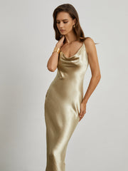 Champagne Cowl Neck Open Back Long Dress