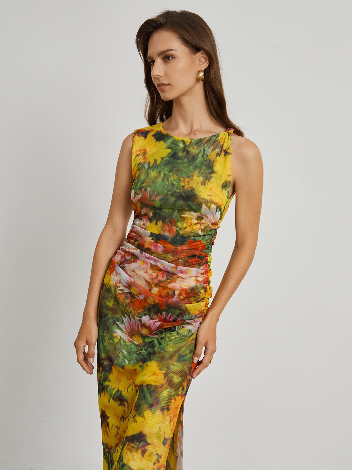 California Floral Mesh Midi Dress