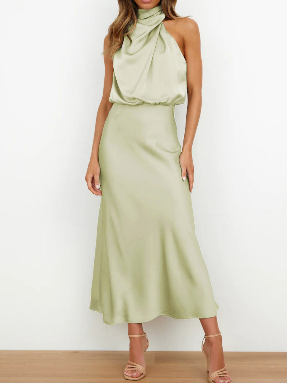 Cowl Neck Ruched Satin Long Dress