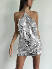 Twilight Sequined Open Back Halter Short Dress