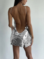 Twilight Sequined Open Back Halter Short Dress