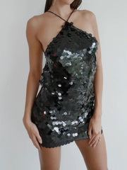 Twilight Sequined Open Back Halter Short Dress