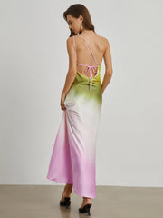 Three Tone Satin Open Back Long Dress