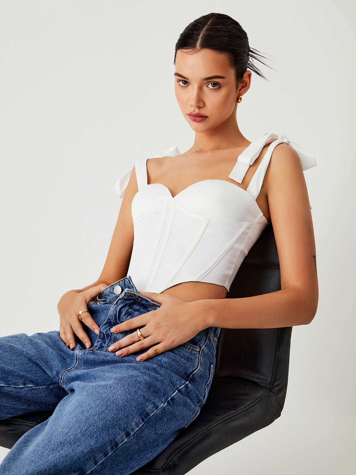 Snow White Tie Shoulder Zippered Crop Corset Top