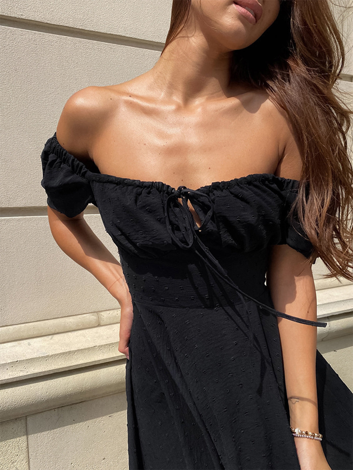 Off Shoulder Puff Sleeve Zippered Short Dress