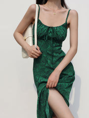 Silk Dark Green Print Slip Dress