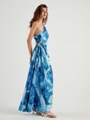 Aqua Tie Dye Pleat Cutout Long Dress