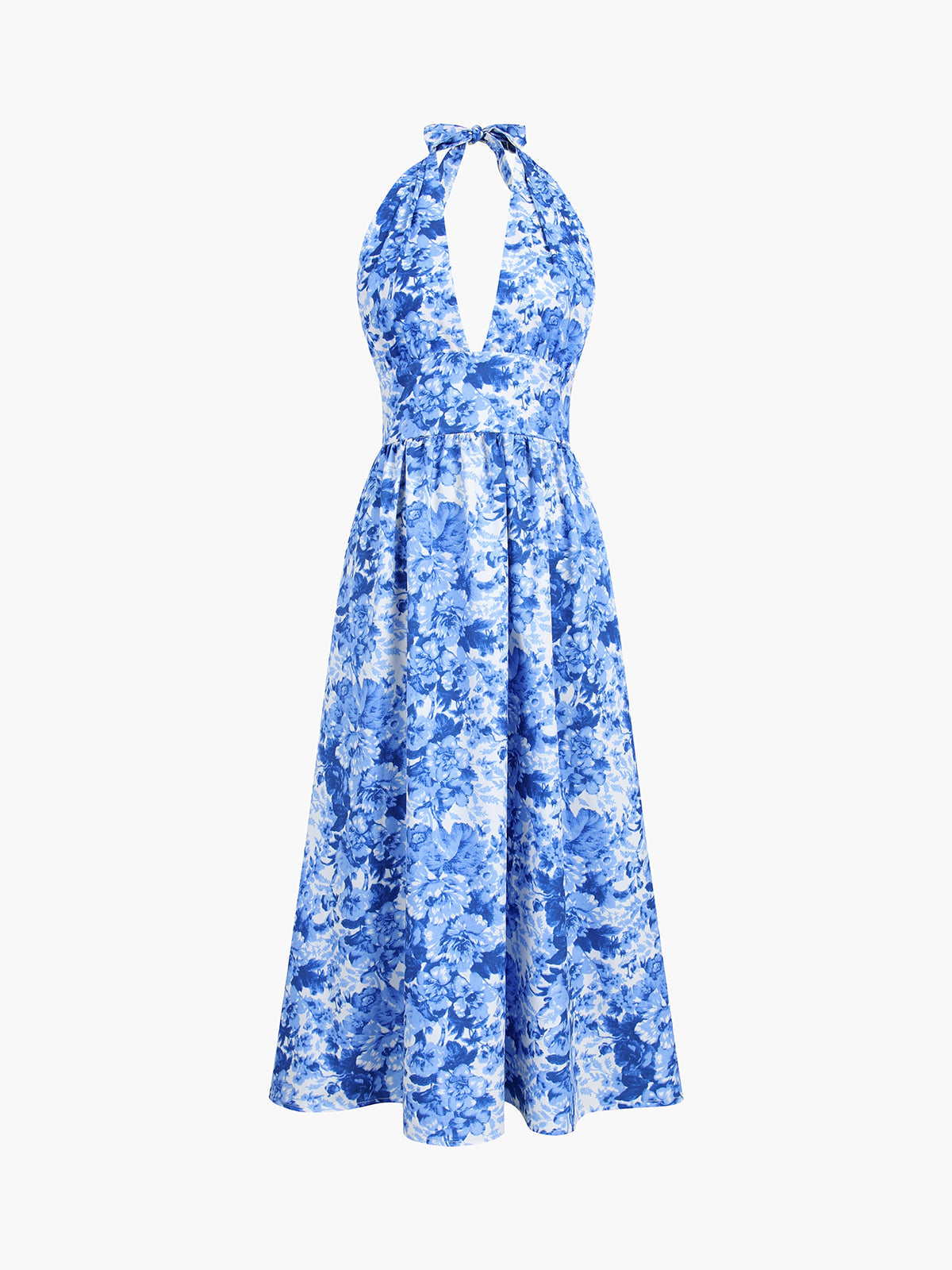 Blue Enchantress Floral Halter Open Back Long Dress