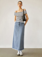 Denim Raw Hem Maxi Skirt