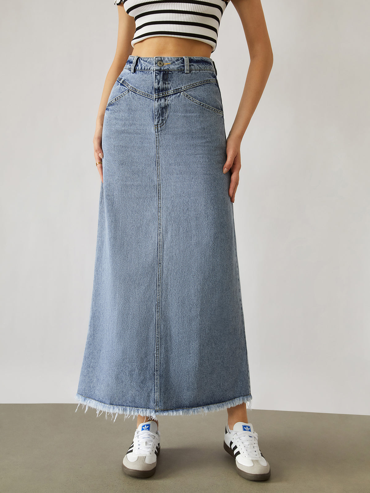 Denim Raw Hem Maxi Skirt