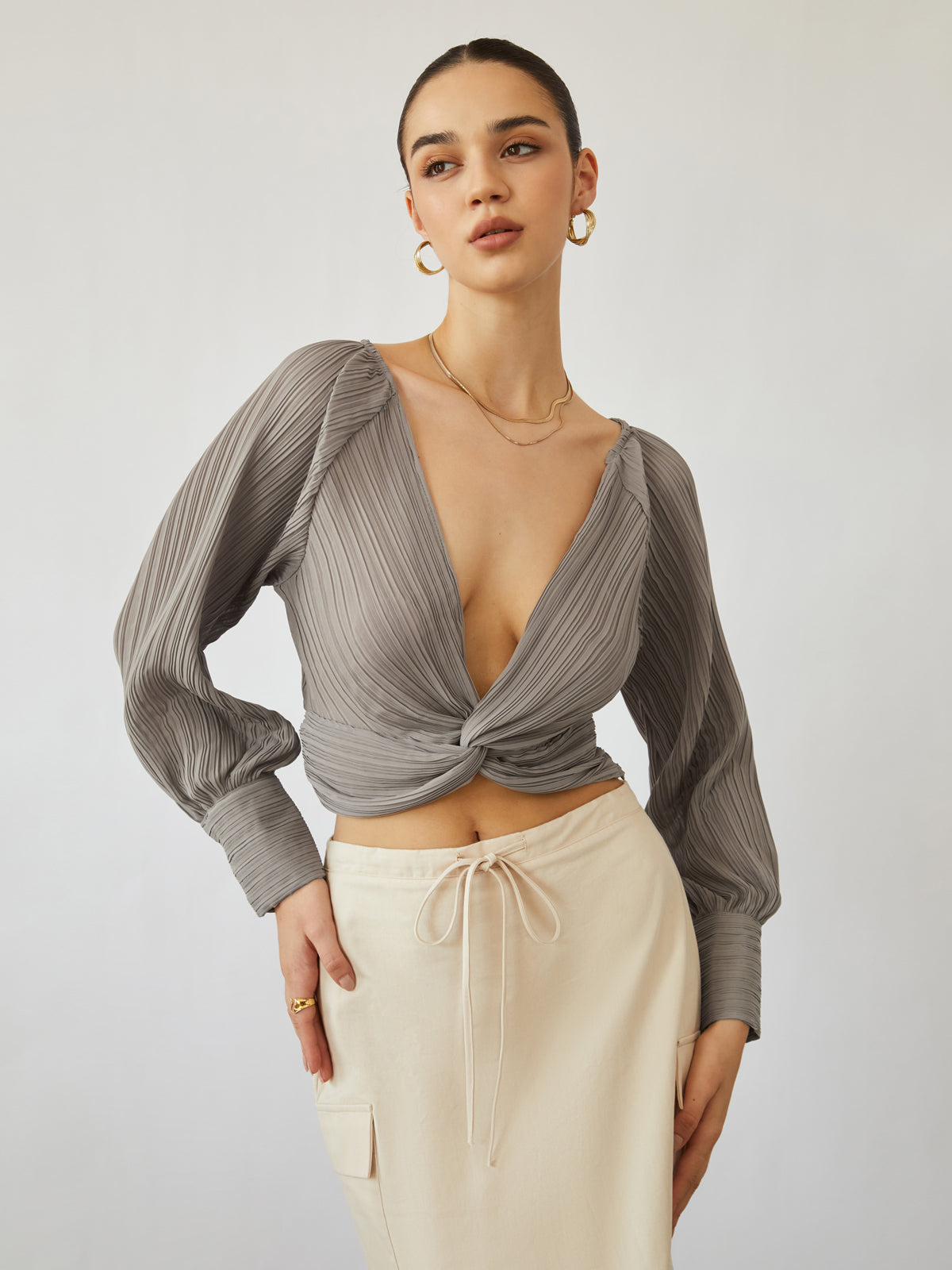 Plisse Knotted Crop Blouse