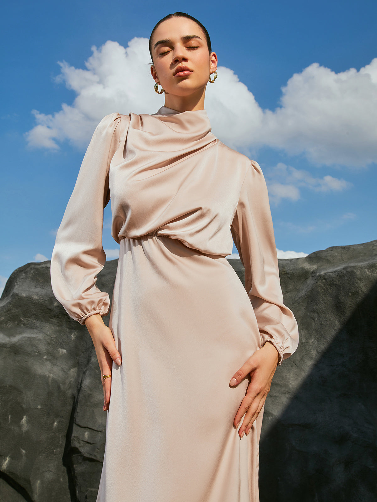 Effortless Mock Neck Satin Midi Dress