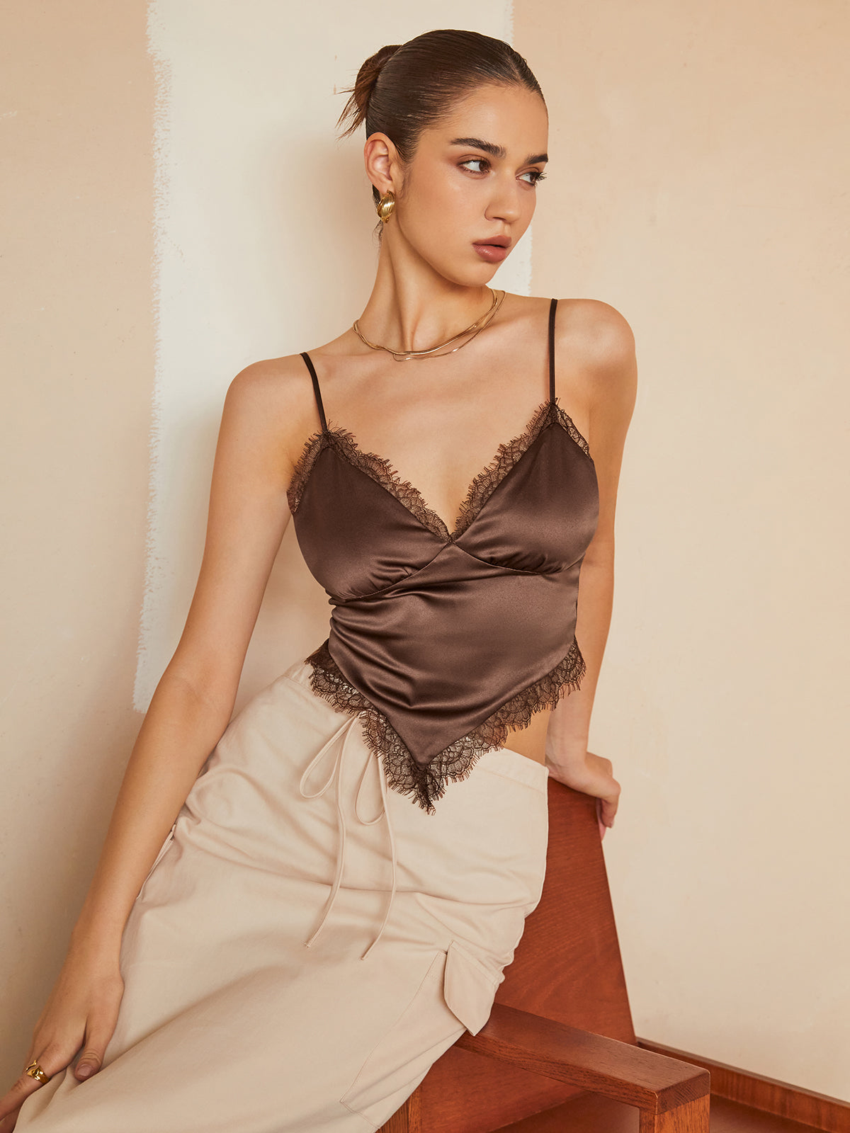 Cocoa Beans Lace Trim Satin Crop Cami Top