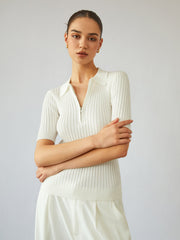 Zippered Polo Rib Knit Top