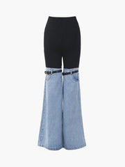 Belted Patchwork Denim Wide Leg Jeans