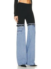 Belted Patchwork Denim Wide Leg Jeans