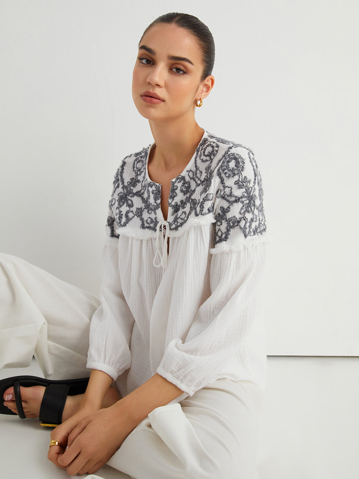 Embroidered Floral Tied Blouse