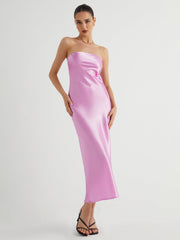 Cherry Blossom Satin Tube Midi Dress