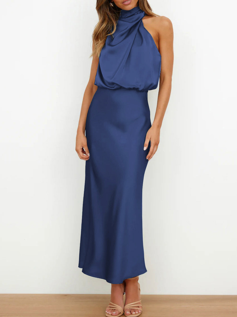 Cowl Neck Ruched Satin Long Dress